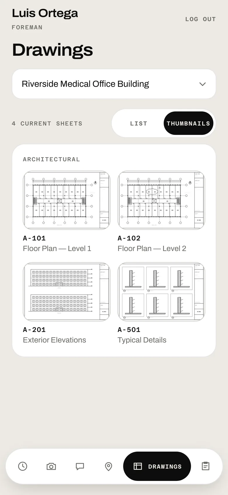 The current drawings for the job, on a phone