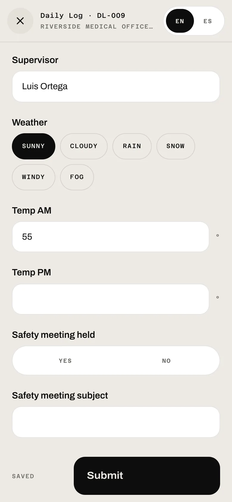 A daily form being filled in on site