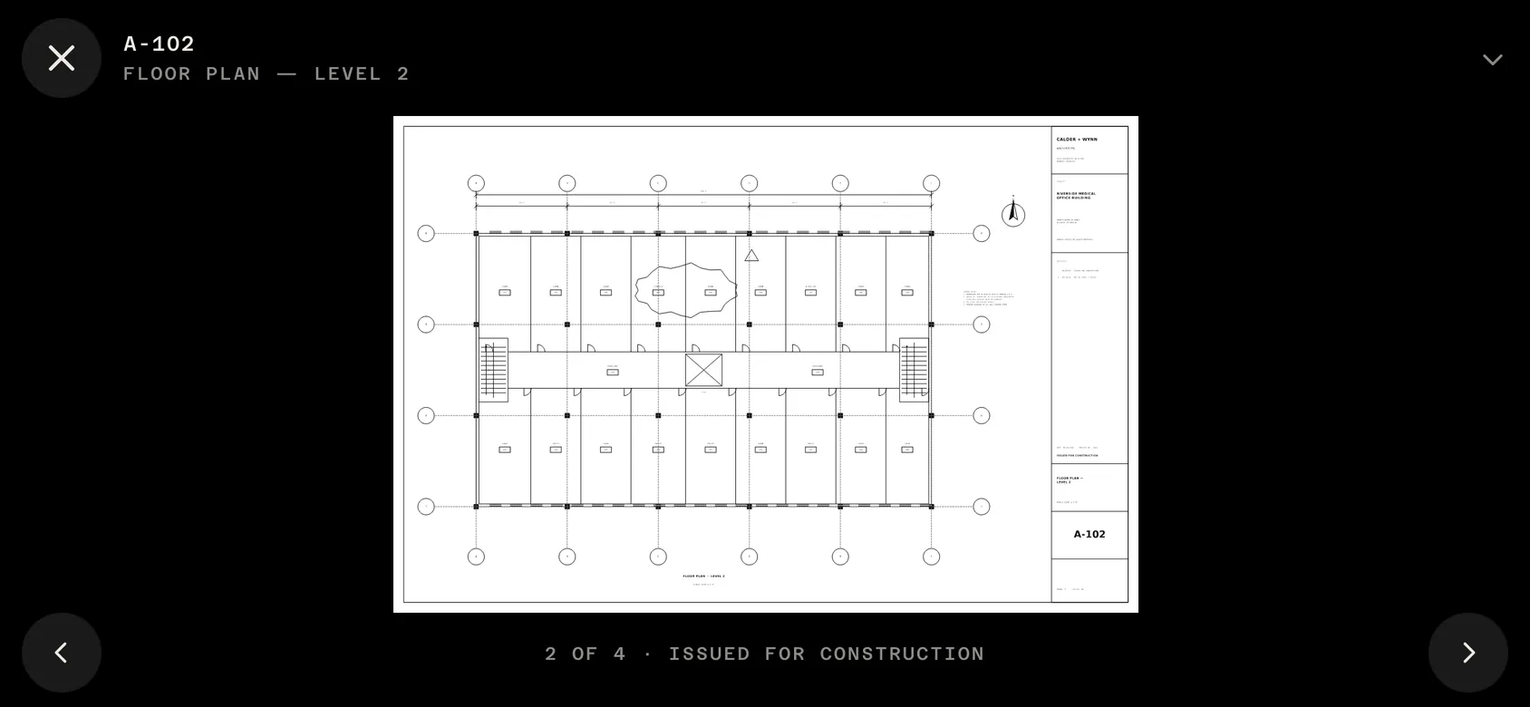 Sheet A-102, Floor Plan Level 2, open on a phone held sideways