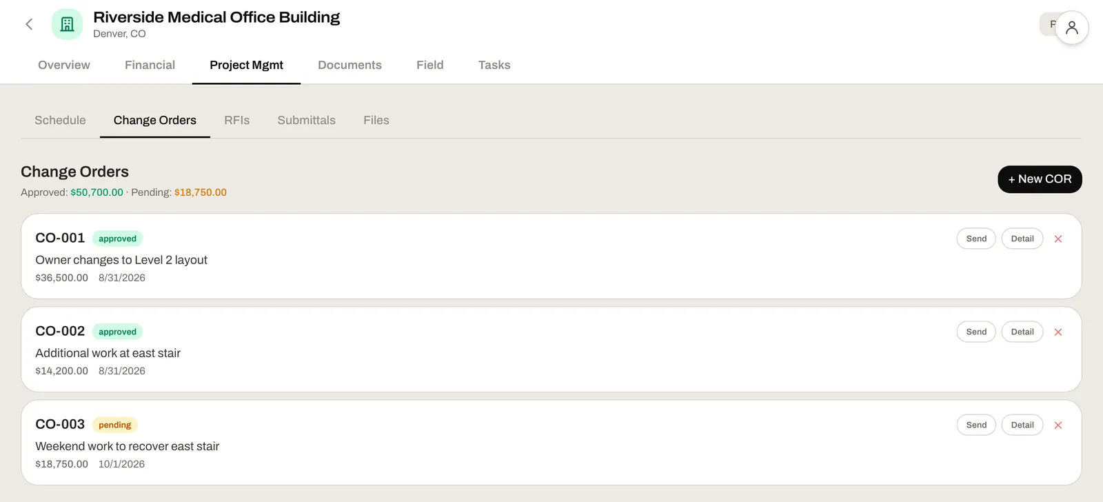 A job’s change orders with approved and pending amounts