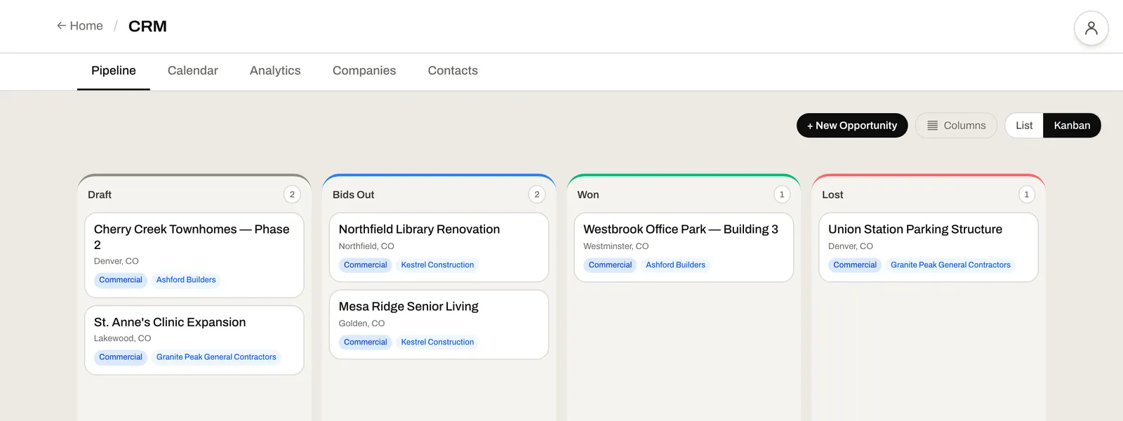A bid pipeline board with columns for draft, bids out, won and lost, each card showing the job and its general contractor