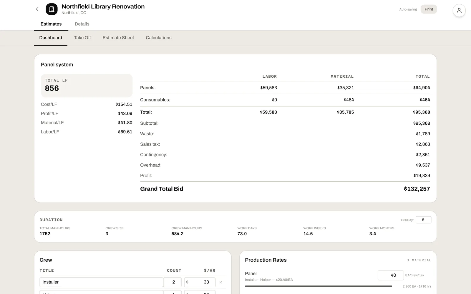 An estimate dashboard: labor and material by section, waste, tax, contingency, overhead and profit to a grand total bid, with cost and profit per linear foot