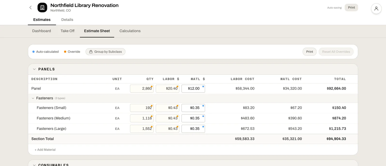 An estimate sheet: quantities, labor and material by line