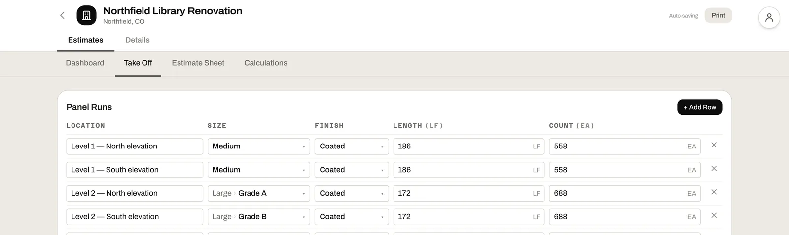 Take-off runs in the estimate: location, size, finish, length and count for each run