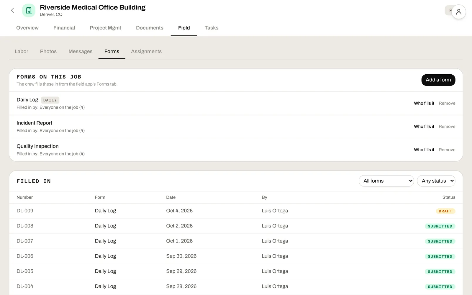 The office's list of the job's forms and every daily log submitted from the field