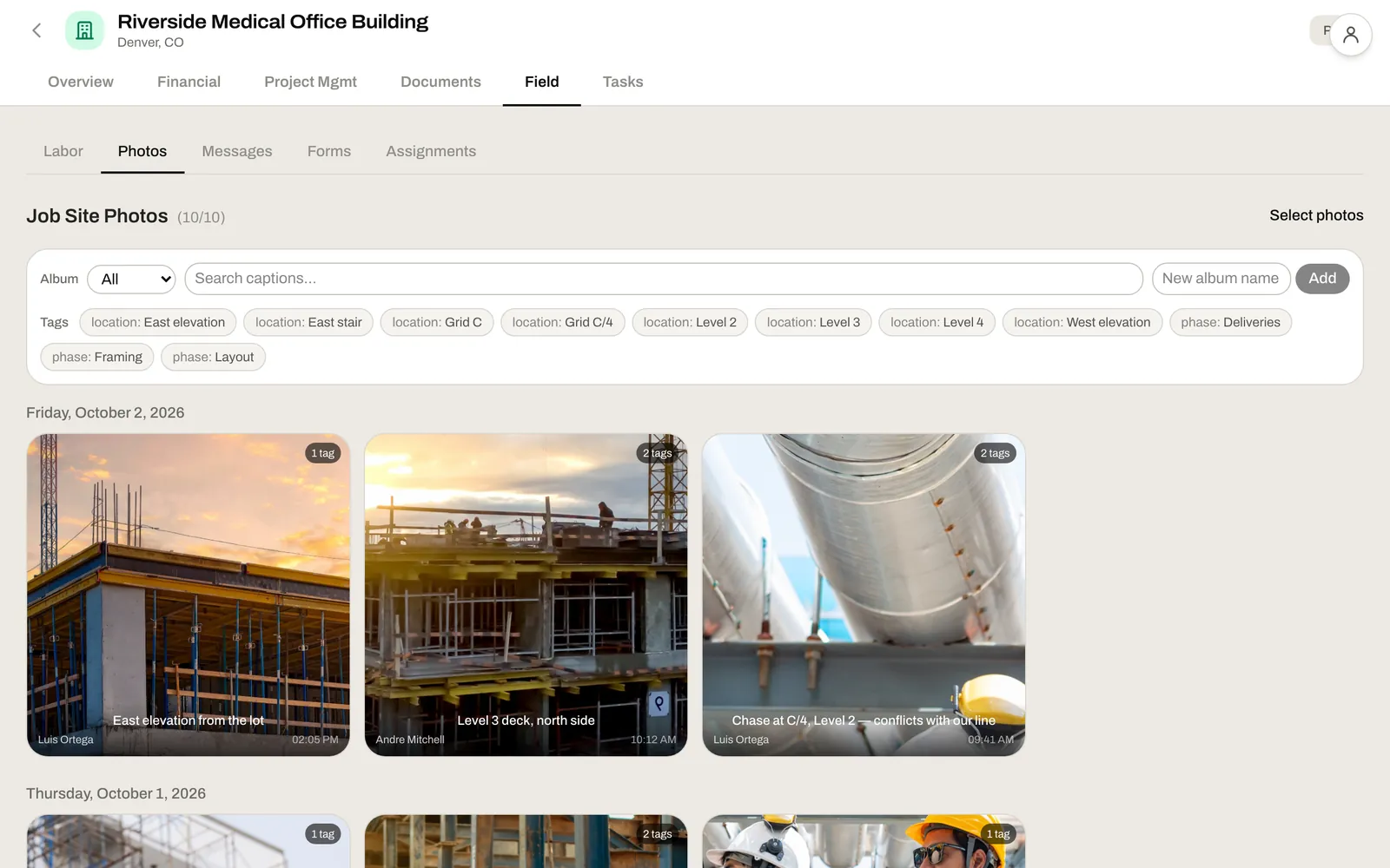 The office's view of the job's site photos, grouped by day with captions and tags