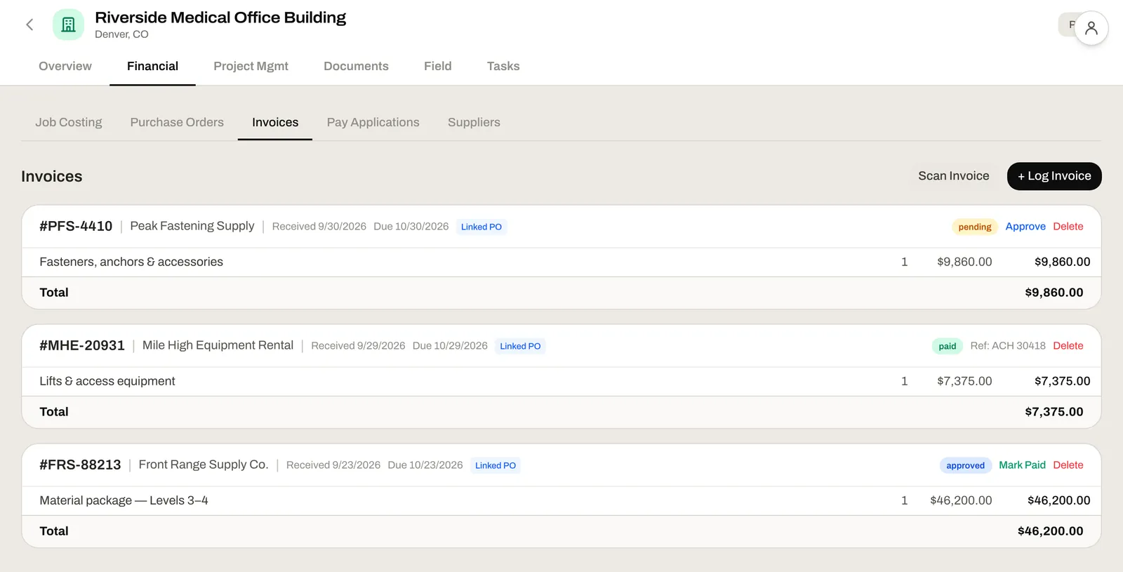 Vendor bills on a job, each linked to its PO, with pending, approved and paid statuses