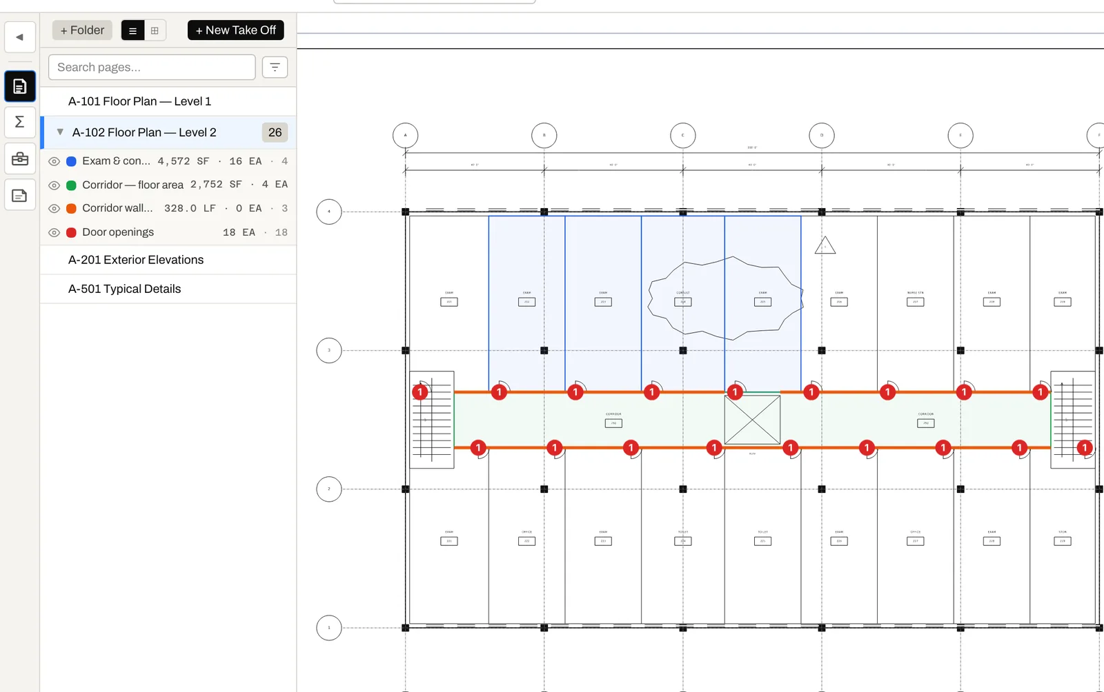 A floor plan in the take-off editor with room areas, corridor walls and door counts measured, and their totals listed by item