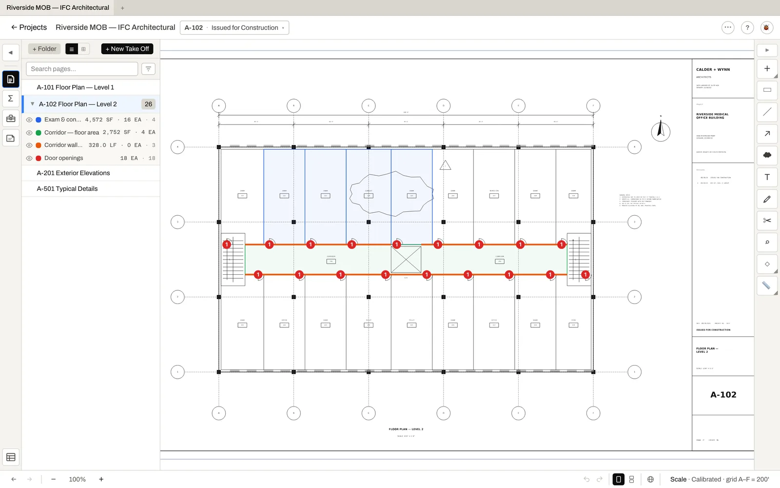 A drawing set open in the take-off editor with measured areas and runs